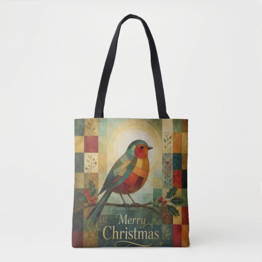 Weihnachtsmosaik Rotkehlchen Vogel Stechpalmenbeer Tasche (Vorderseite)