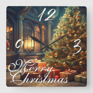 Weihnachtsmotiv mit Geschenken unter dem Weihnacht Quadratische Wanduhr