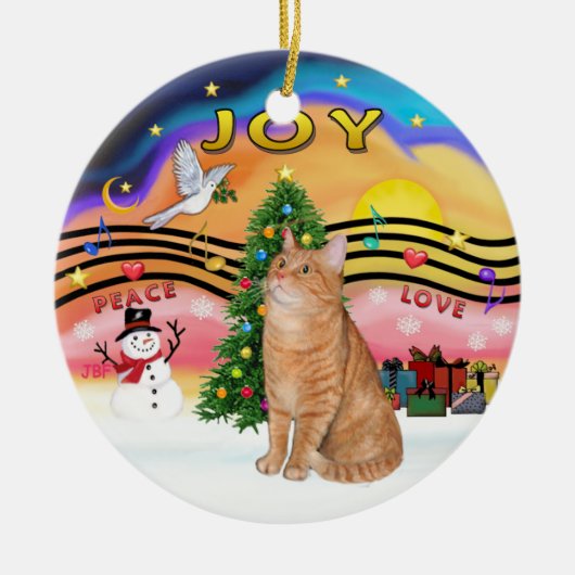 Weihnachtsmusik 2 - Orangefarbene Katze 40 Keramikornament (Vorne)
