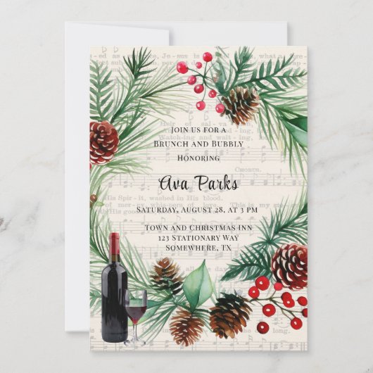 Weihnachtsmusik Red Berry Wreath Brunch und Bubbly Einladung (Vorderseite)