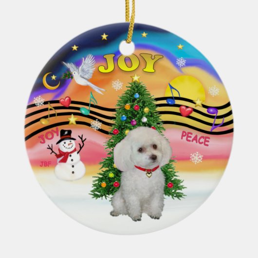Weihnachtsmusik - Weiße Miniatur/Spielzeug-Poodle Keramikornament (Vorne)
