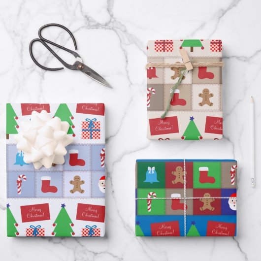 Weihnachtsmuster Blau Beige und farbenfroh Geschenkpapier Set (Vorderseite)