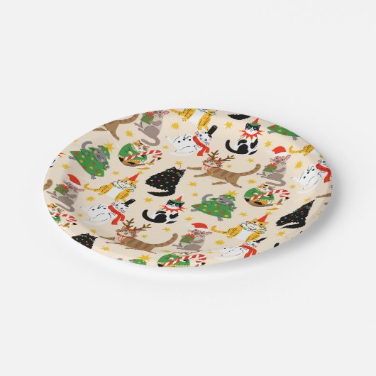 Weihnachtsmuster der Katzen Pappteller (Schrägansicht)