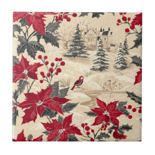 Weihnachtsmuster für Rustikale Vögel und Poinsetti Fliese