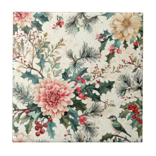 Weihnachtsmuster für Rustikale Vögel und Poinsetti Fliese