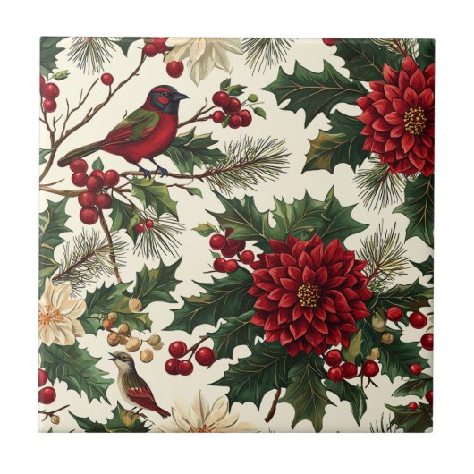 Weihnachtsmuster für Rustikale Vögel und Poinsetti Fliese (Vorderseite)