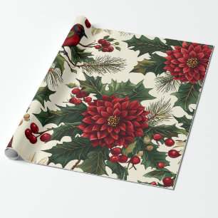 Weihnachtsmuster für Rustikale Vögel und Poinsetti Geschenkpapier