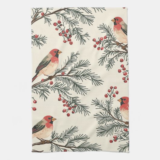 Weihnachtsmuster für Rustikale Vögel und Poinsetti Geschirrtuch (Vertikal)