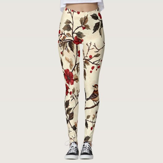 Weihnachtsmuster für Rustikale Vögel und Poinsetti Leggings (Vorderseite)