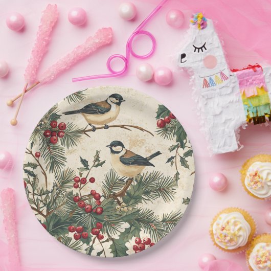 Weihnachtsmuster für Rustikale Vögel und Poinsetti Pappteller (Party)