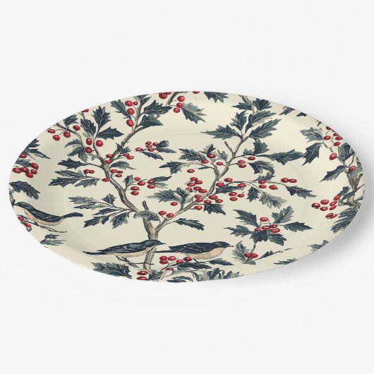 Weihnachtsmuster für Rustikale Vögel und Poinsetti Pappteller (Schrägansicht)