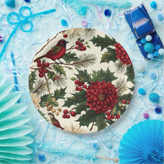 Weihnachtsmuster für Rustikale Vögel und Poinsetti Pappteller (Party)