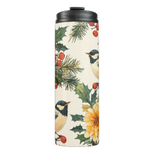Weihnachtsmuster für Rustikale Vögel und Poinsetti Thermosbecher