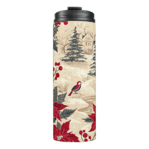 Weihnachtsmuster für Rustikale Vögel und Poinsetti Thermosbecher