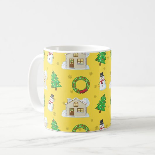 Weihnachtsmuster - Gelber Hintergrund Kaffeetasse (Vorderseite Links)