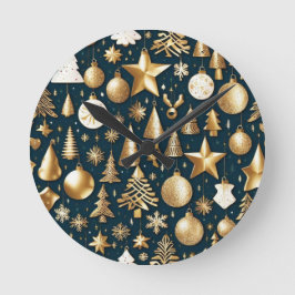 Weihnachtsmuster Gold und schwarze Ornamente Dekor Runde Wanduhr