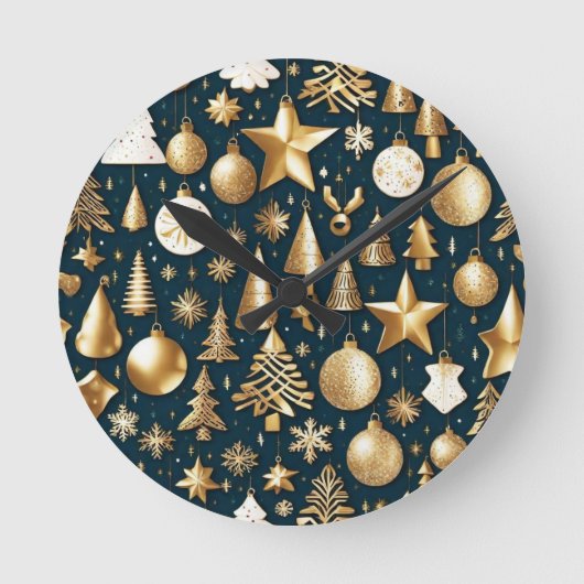 Weihnachtsmuster Gold und schwarze Ornamente Dekor Runde Wanduhr (Vorderseite)