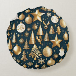 Weihnachtsmuster Gold und schwarze Ornamente Dekor Rundes Kissen