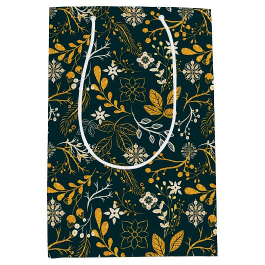 Weihnachtsmuster Gold und Weiß Mittlere Geschenktüte (Vorderseite)