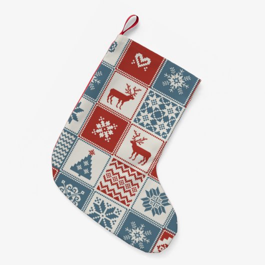 Weihnachtsmuster im Patchwork-Stil. Traditionell Kleiner Weihnachtsstrumpf (Vorderansicht (hängend))