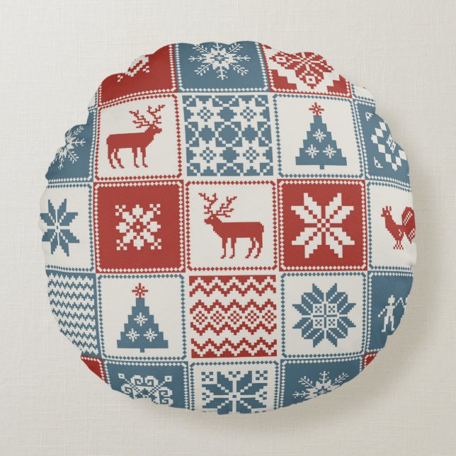 Weihnachtsmuster im Patchwork-Stil. Traditionell  Rundes Kissen (Vorderseite)