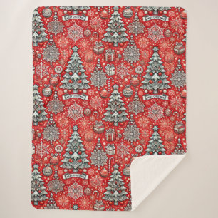 Weihnachtsmuster mit Bäumen und Schneeflocken Sherpadecke