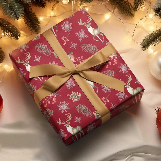 Weihnachtsmuster mit Hirschen und Bullfinken rot Seidenpapier