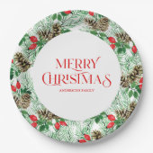 Weihnachtsmuster mit immergrünen und roten Beeren Pappteller (Vorderseite)