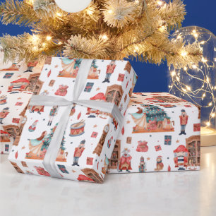 Weihnachtsmuster mit Nussknackern und Bäumen Geschenkpapier