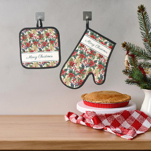 Weihnachtsmuster mit Poinsettie und Stechpalme Ofenhandschuh & Topflappen-Set