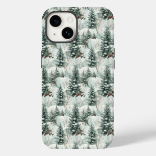 Weihnachtsmuster mit schneebedecktem Wald und Tann iPhone 14 Hülle