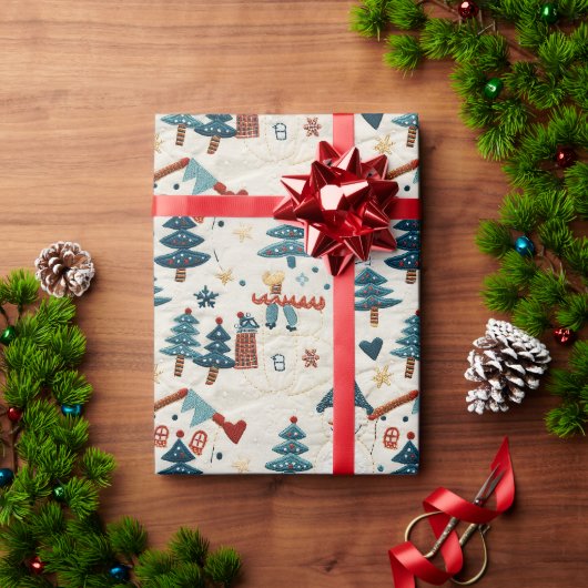 Weihnachtsmuster mit Schneemann und Bäumen Geschenkpapier (Feiertagsgeschenk)