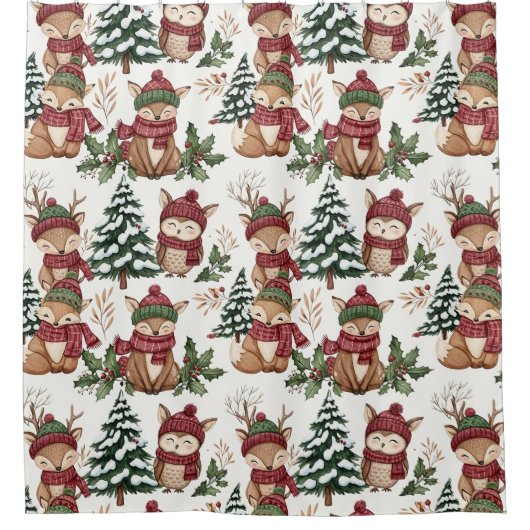 Weihnachtsmuster mit Waldtieren mit Fuchs und Eule Duschvorhang (Vorderseite)