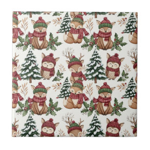 Weihnachtsmuster mit Waldtieren mit Fuchs und Eule Fliese