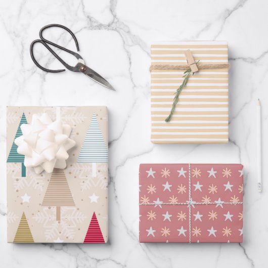 Weihnachtsmuster Rosa Tree und Sterne Geschenkpapier Set (Vorderseite)