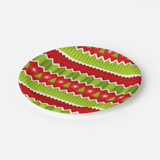Weihnachtsmuster Rot und Grün Zickzack Streifen Pappteller (Schrägansicht)
