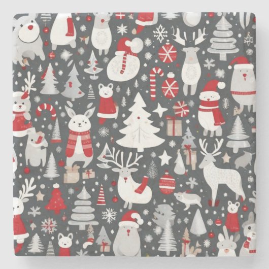 Weihnachtsmuster Snowman Santa Bäume graue Dekorat Steinuntersetzer (Vorderseite)