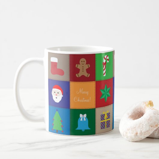 Weihnachtsmuster-Tasse - farbenfroher Hintergrund Kaffeetasse (Mit Donut)