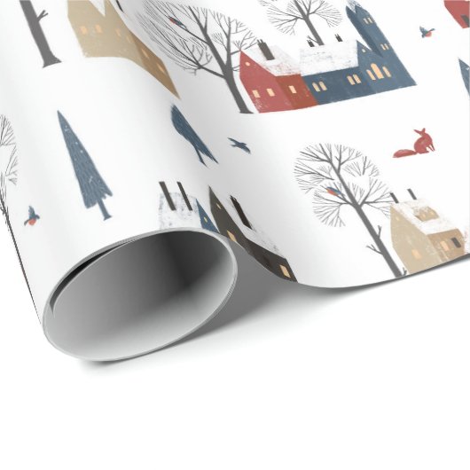 Weihnachtsmuster von Dorfhäusern und Rotfuchs Geschenkpapier (Rolleneckpunkt)