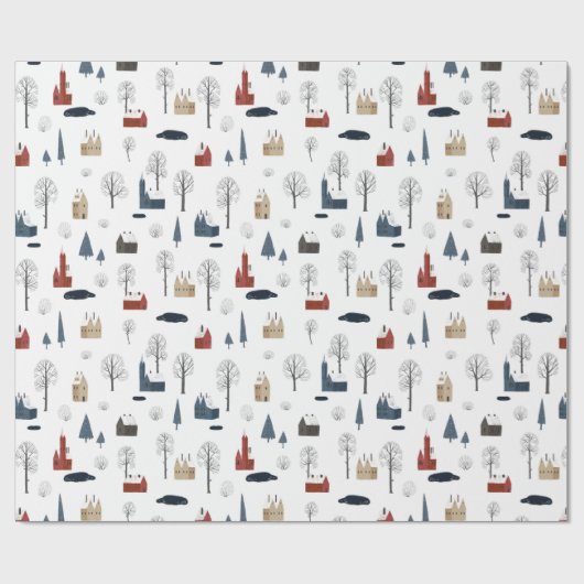 Weihnachtsmuster von Häusern, Bäumen, Teich oder S Geschenkpapier (Flach)