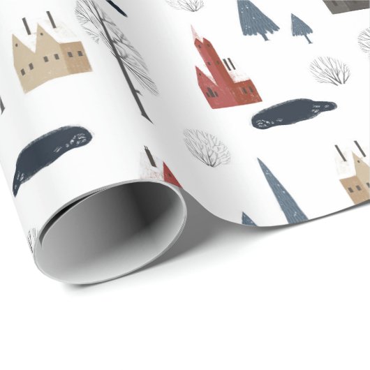 Weihnachtsmuster von Häusern, Bäumen, Teich oder S Geschenkpapier (Rolleneckpunkt)