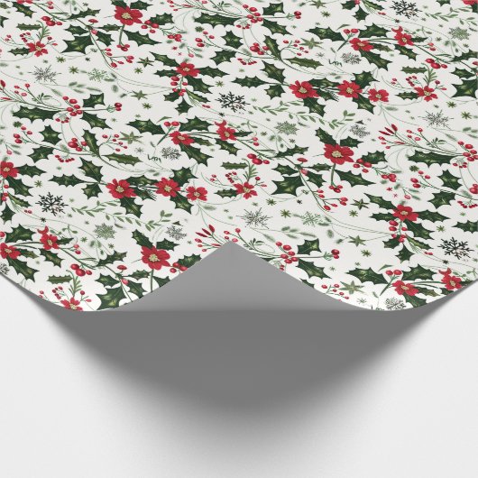 Weihnachtsmuster W/ Holly, Rote Blume & Berries Geschenkpapier (Ecke)