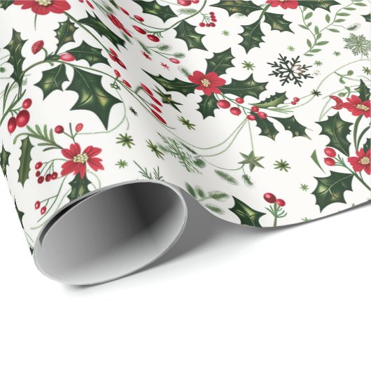 Weihnachtsmuster W/ Holly, Rote Blume & Berries Geschenkpapier (Rolleneckpunkt)