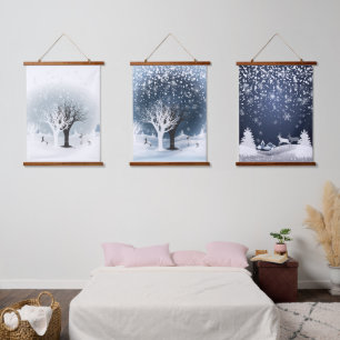 Weihnachtsnacht Märchen. Fantasy-Wald, Schnee Wandteppich Mit Holzrahmen