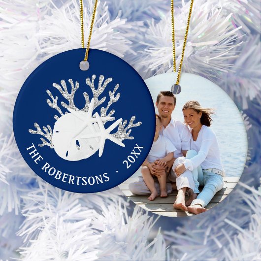 Weihnachtsnachtsfest Navy Blue Sand Dollar Foto Keramik Ornament