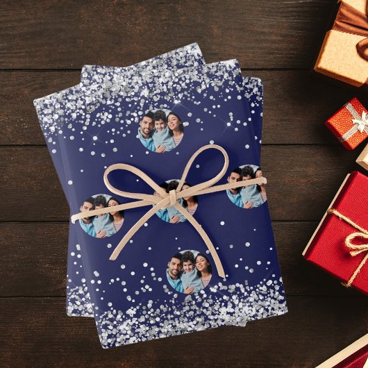 Weihnachtsnachtsnacht blauen silbernen Foto Konfet Geschenkpapier Set