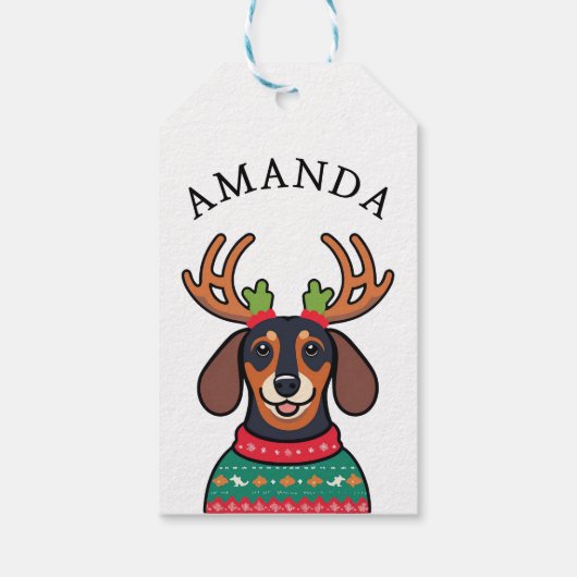 Weihnachtsname der schwarzen Dackel Geschenkanhänger (Rückseite)