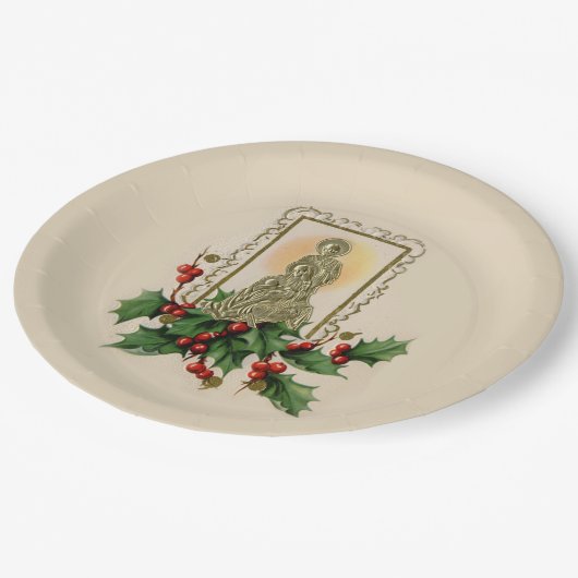 Weihnachtsnativity-Vintage Stechpalmen-Beeren Pappteller (Schrägansicht)