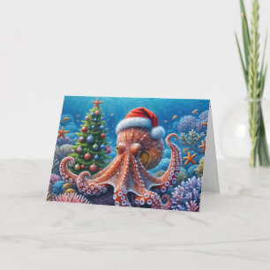 WeihnachtsOktopus mit einer Weihnachtsmannmütze Karte