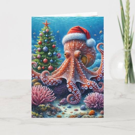 WeihnachtsOktopus mit einer Weihnachtsmannmütze Karte (Vorderseite)